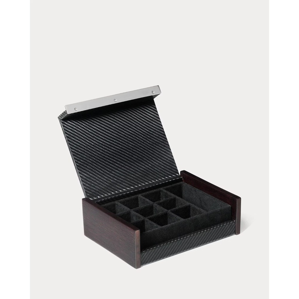 Ralph Lauren Sutton Cuff Link Box Mens OS Black Carbon Fiber Walnut Wood RL Logo